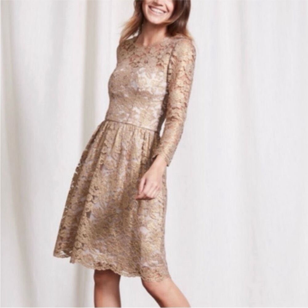 Boden Luxe Gold Lace Cocktail Dress - Size 12L (Long)